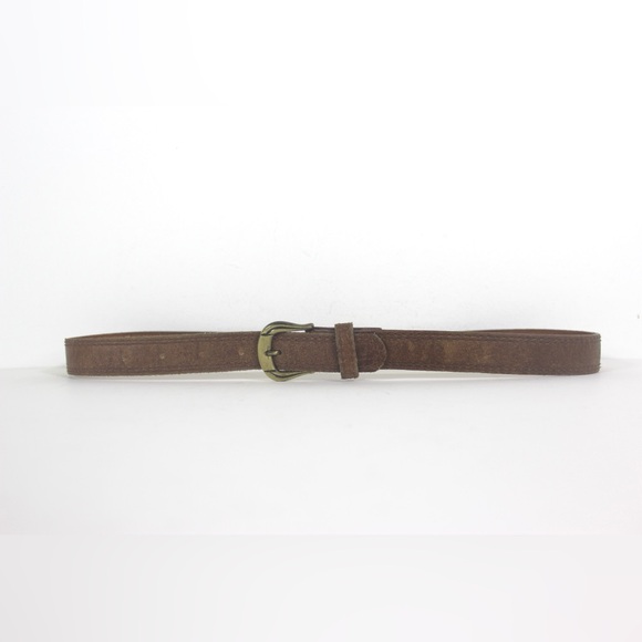 28”-32 Vintage Rusty Brown Sueded Leather Belt with Gold Brass Buckle Narrow - Picture 2 of 7